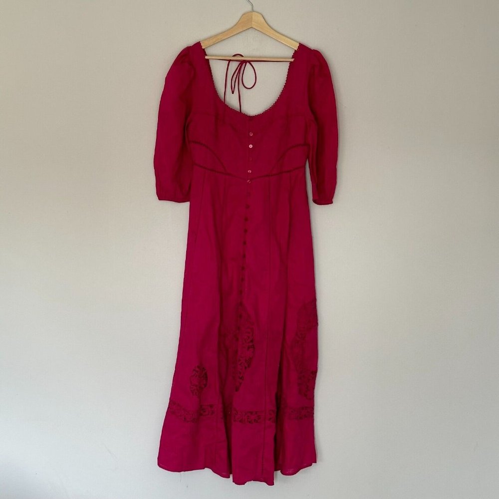 Free People Lisa Embroidered Lace Midi Dress Size S Pink Puff Sleeves Boho BNWT - Picture 3 of 16